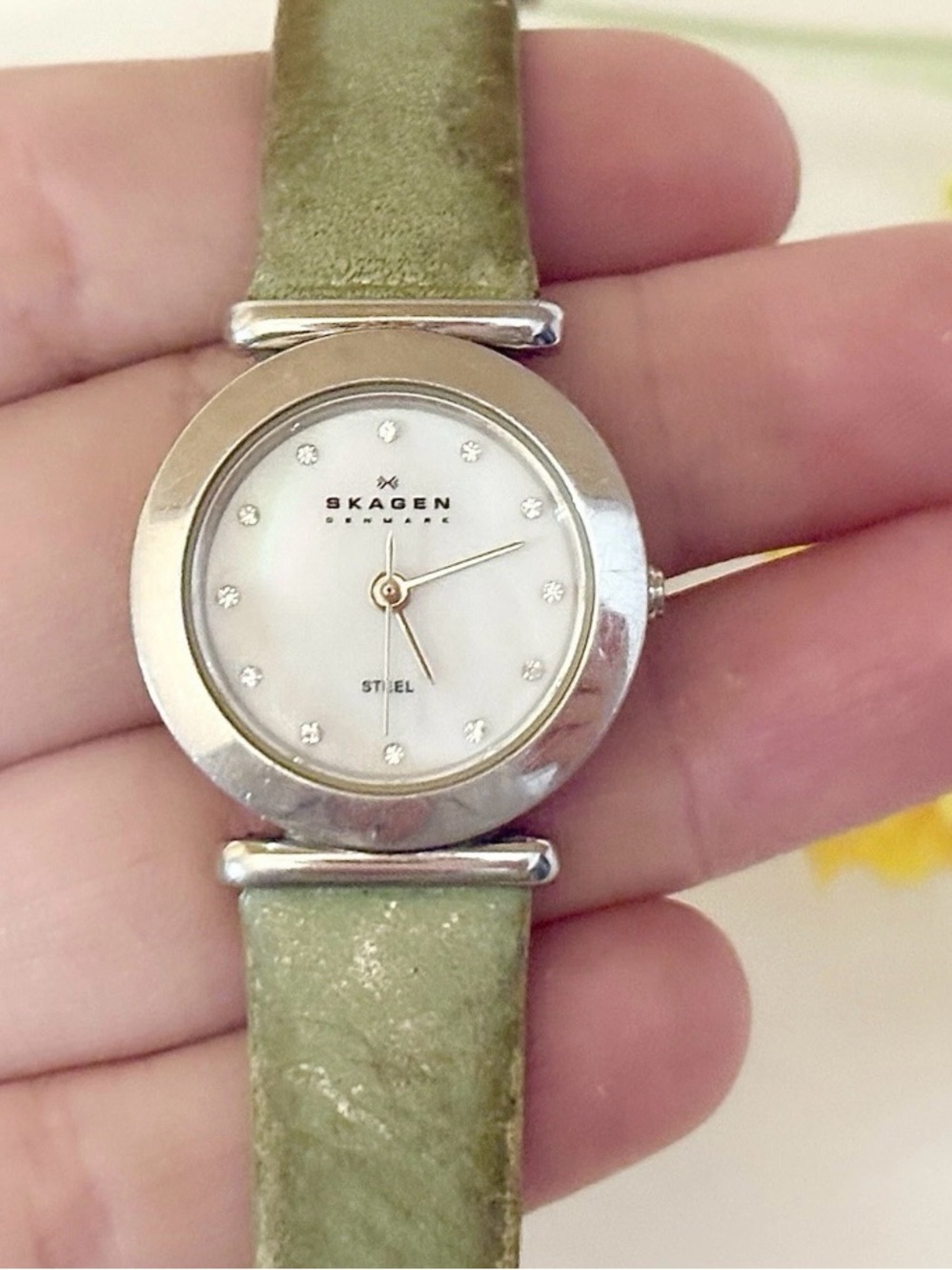 Skagen Denmark Ladies Minimalist Steel Watch Sage Green Crystal Rhinestone WORKS